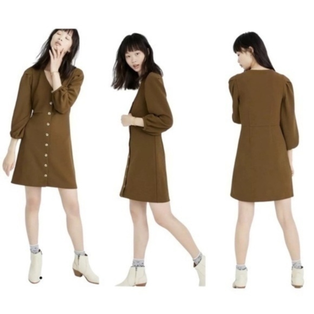 NWT Madewell Green Texture & Thread Crepe Balloon-Sleeve Dress Small S HH25